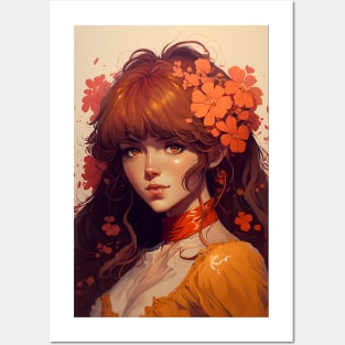 Beautiful Anime Girl from a Medieval World Flowered Hair Posters and Art